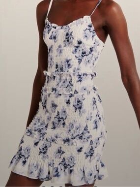 Blue Floral Smocked Mini Dress - White & Blue
